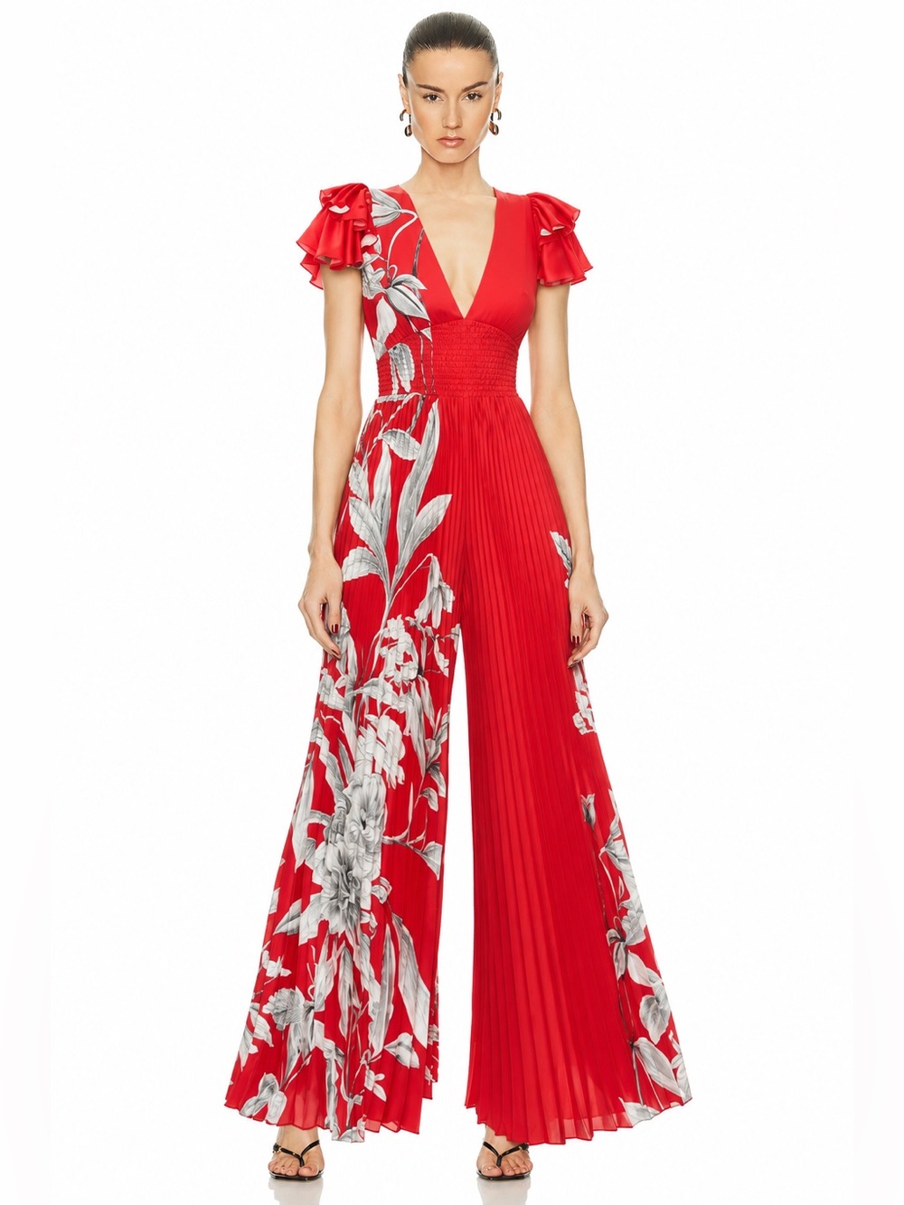 Alice + Olivia Bennet Red Floral Pleated Wide-Leg Jumpsuit Revolve
